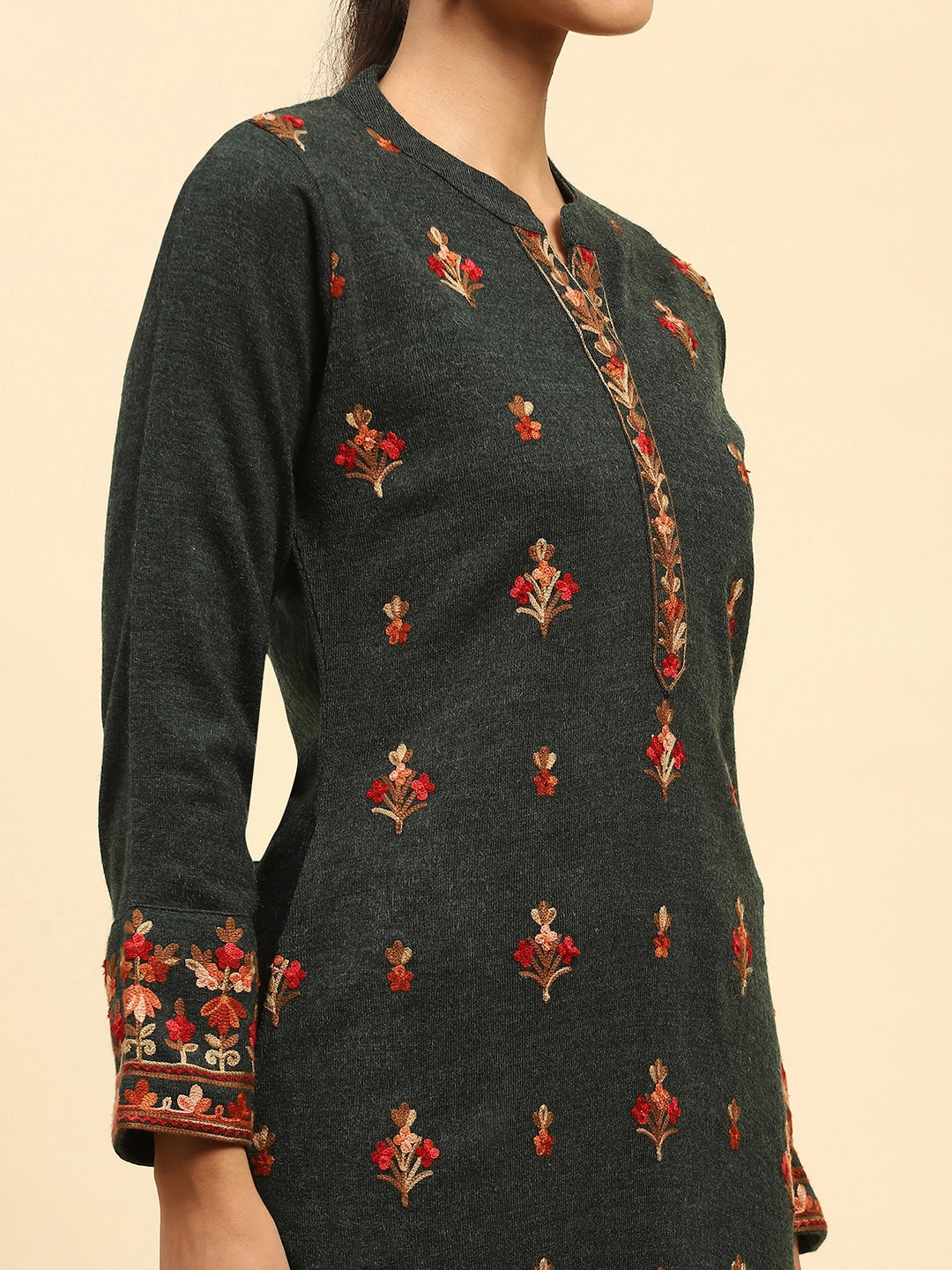 Dark Olive WoolenThread Embroidered Round Neck Kurta - Global Republic