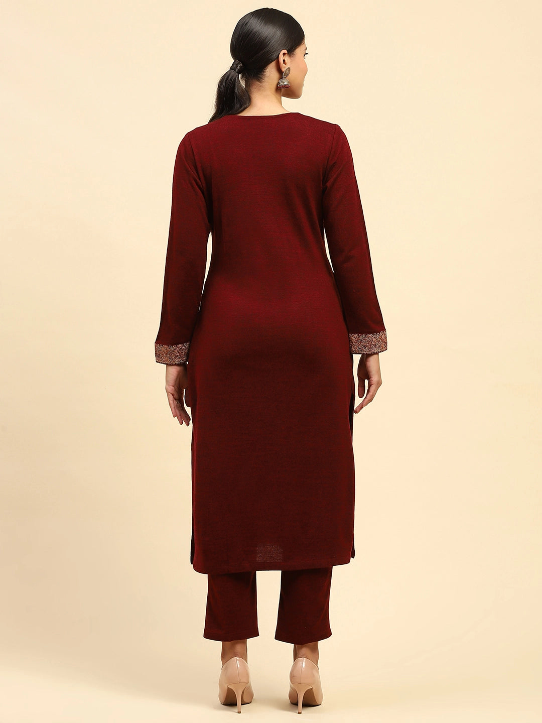 Dark Maroon WoolenThread Embroidered V-Neck Kurta - Global Republic