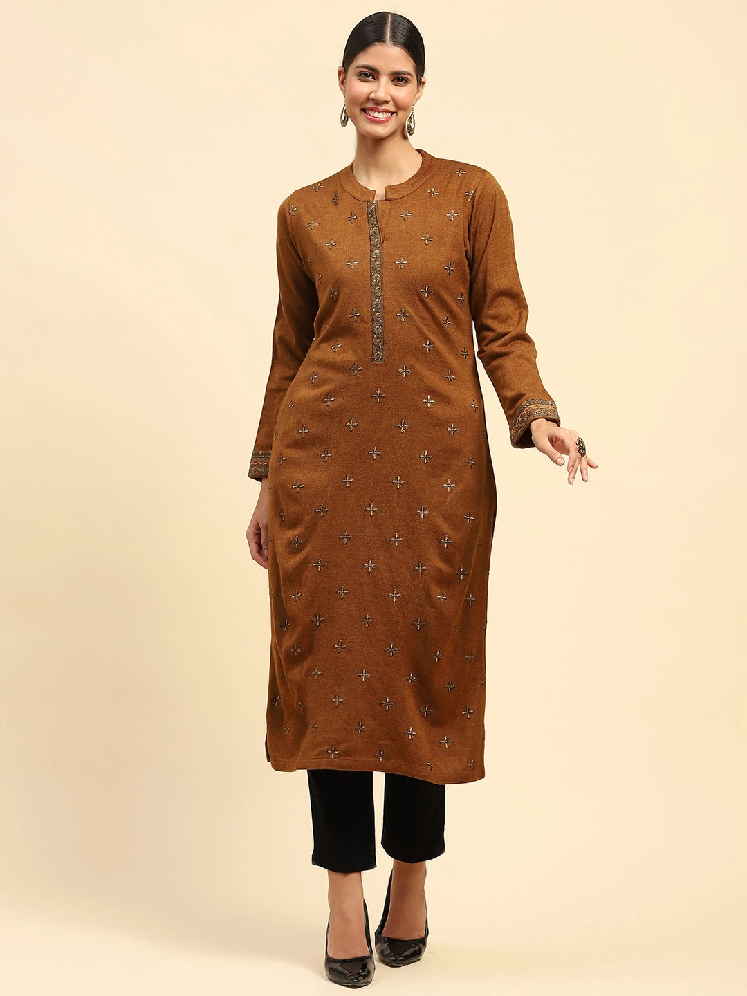Rust Embroidered  Woolen Kurta - Global Republic