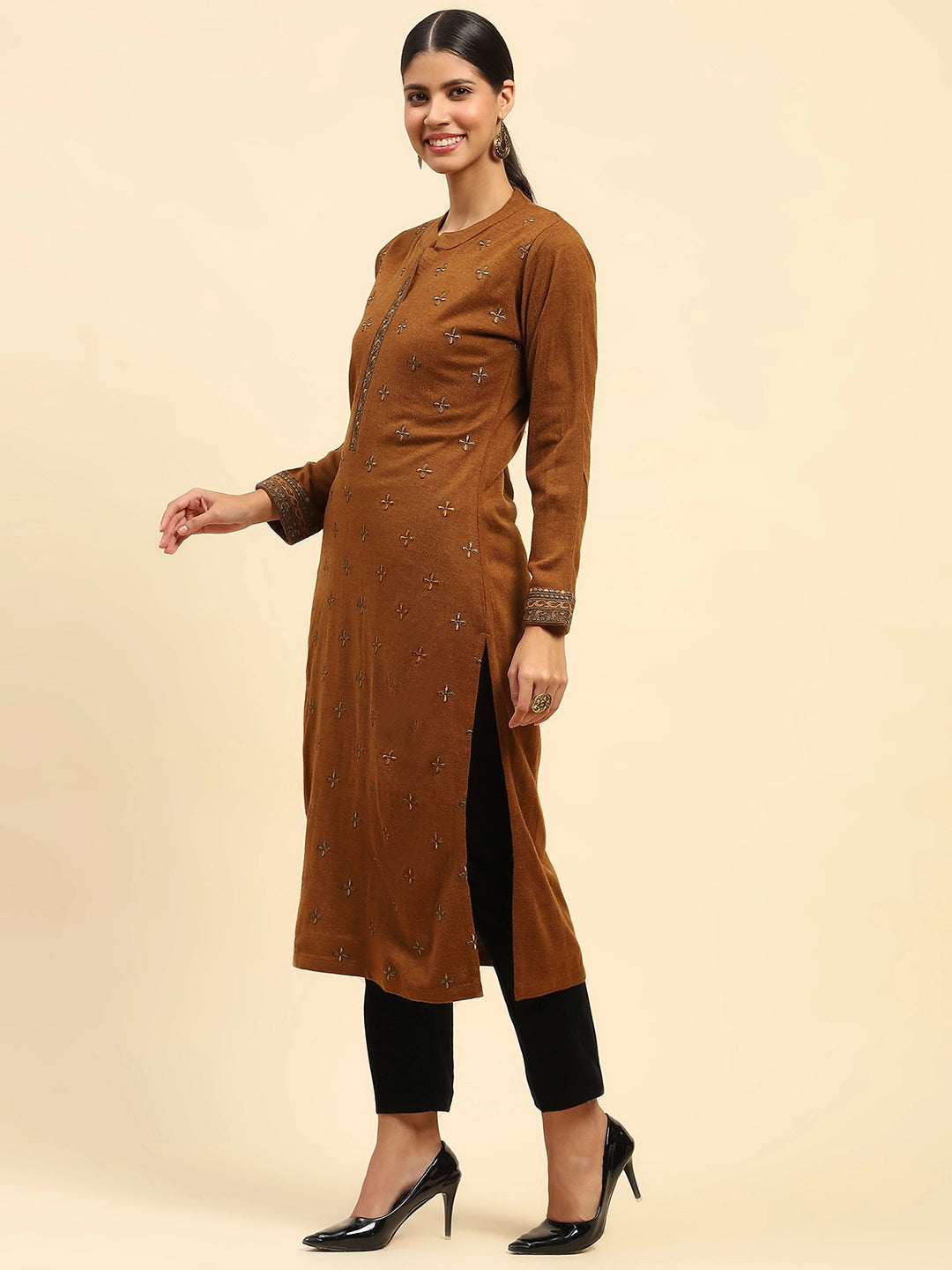Rust Embroidered  Woolen Kurta - Global Republic