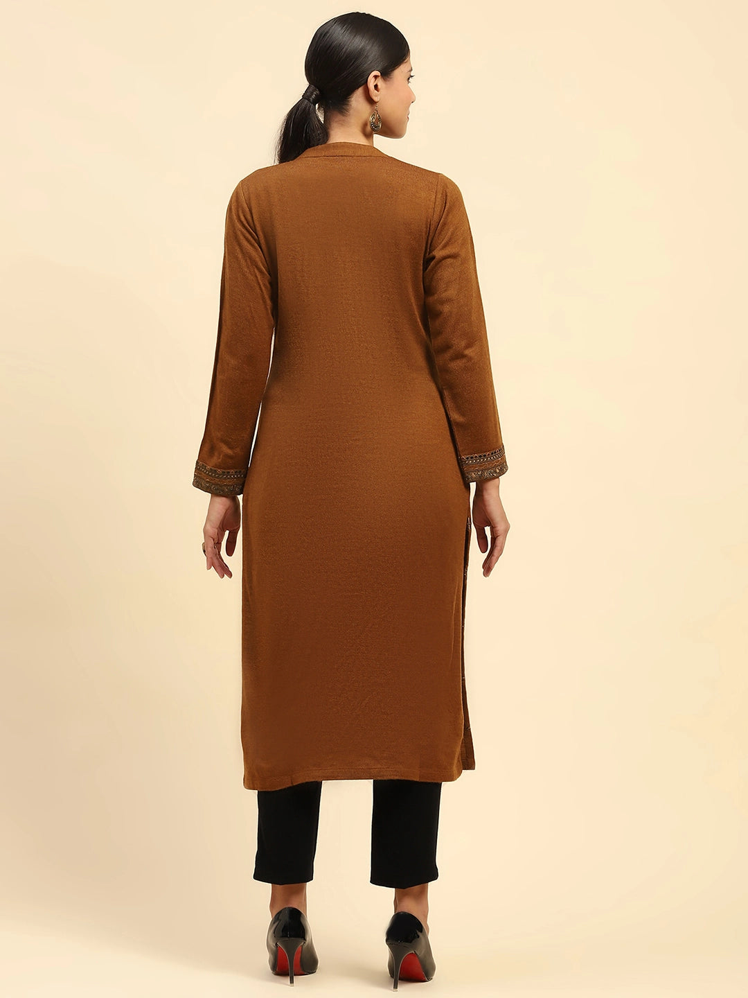 Rust Embroidered  Woolen Kurta - Global Republic