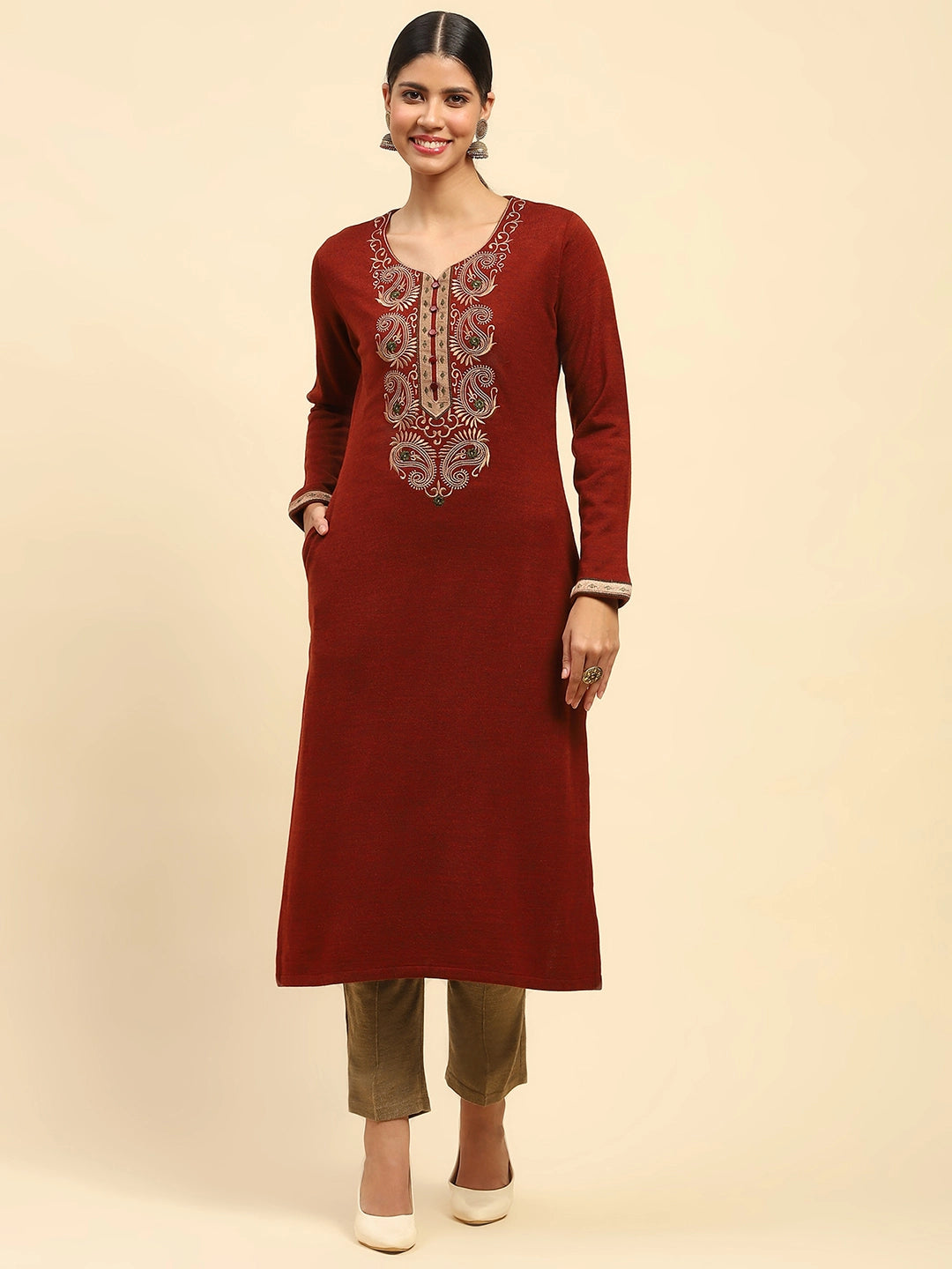 Rust Embroidered Woolen Kurta - Global Republic