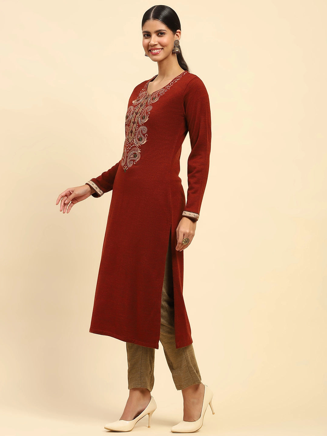 Rust Embroidered Woolen Kurta - Global Republic