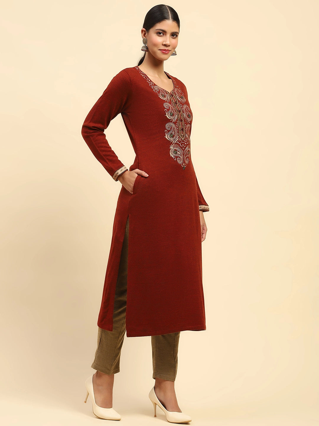 Rust Embroidered Woolen Kurta - Global Republic