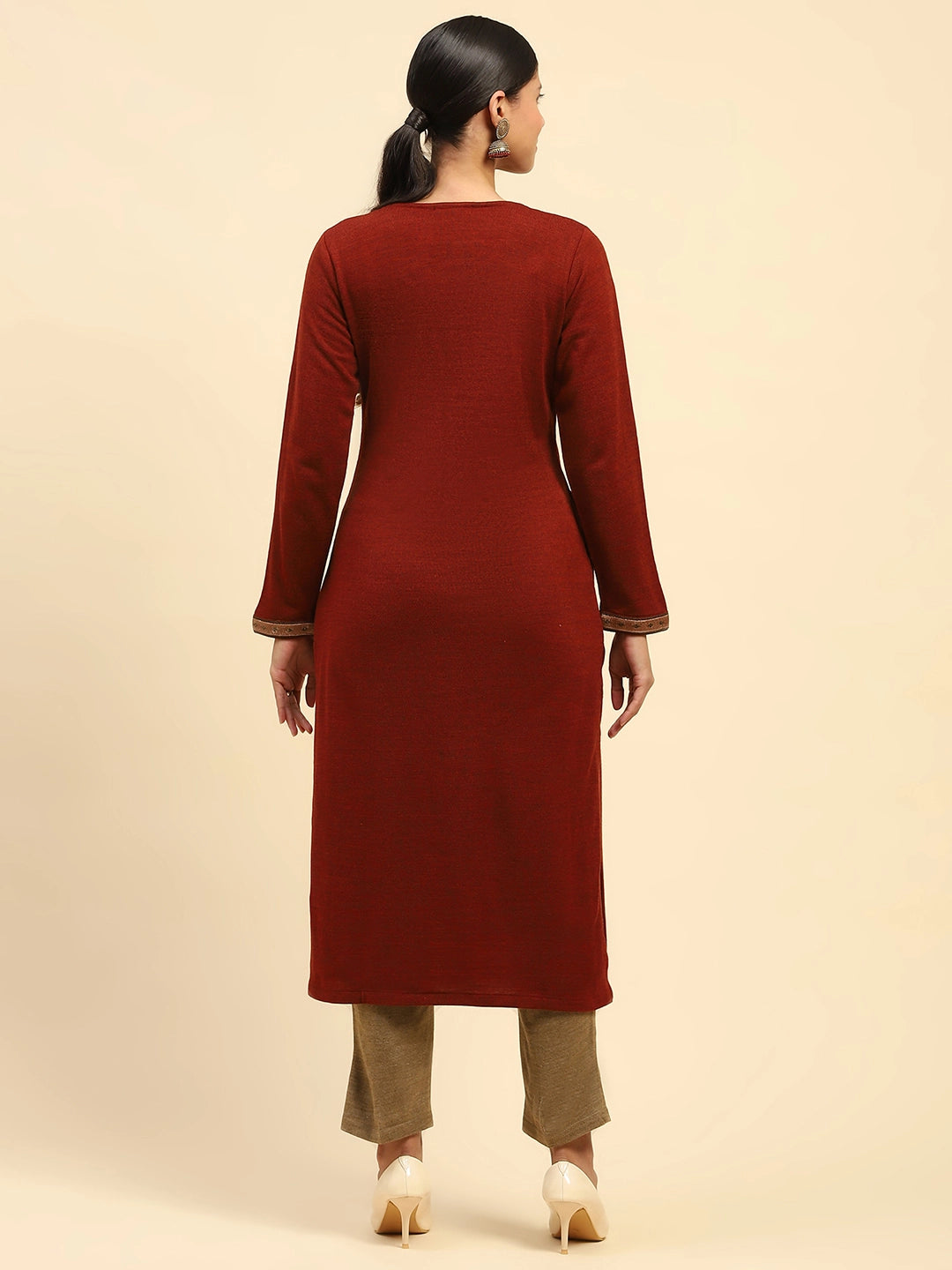 Rust Embroidered Woolen Kurta - Global Republic