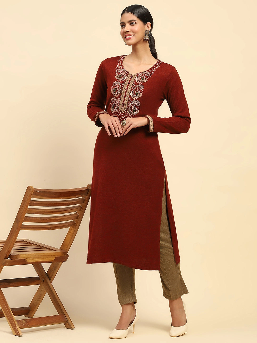 Rust Embroidered Woolen Kurta - Global Republic