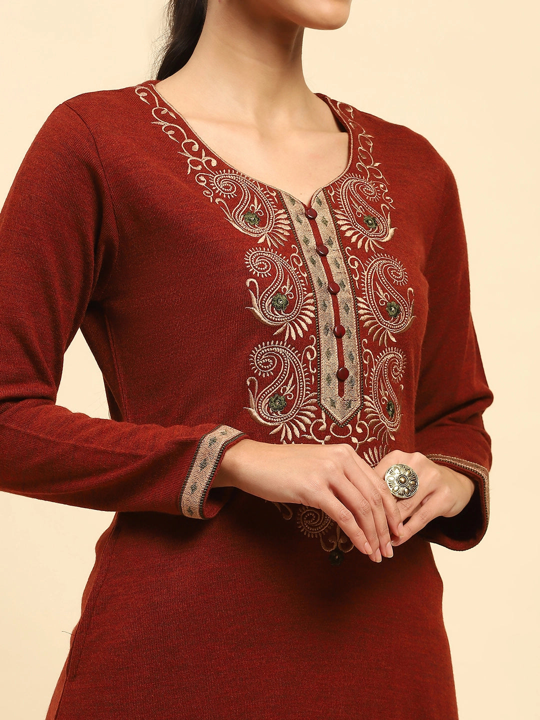 Rust Embroidered Woolen Kurta - Global Republic