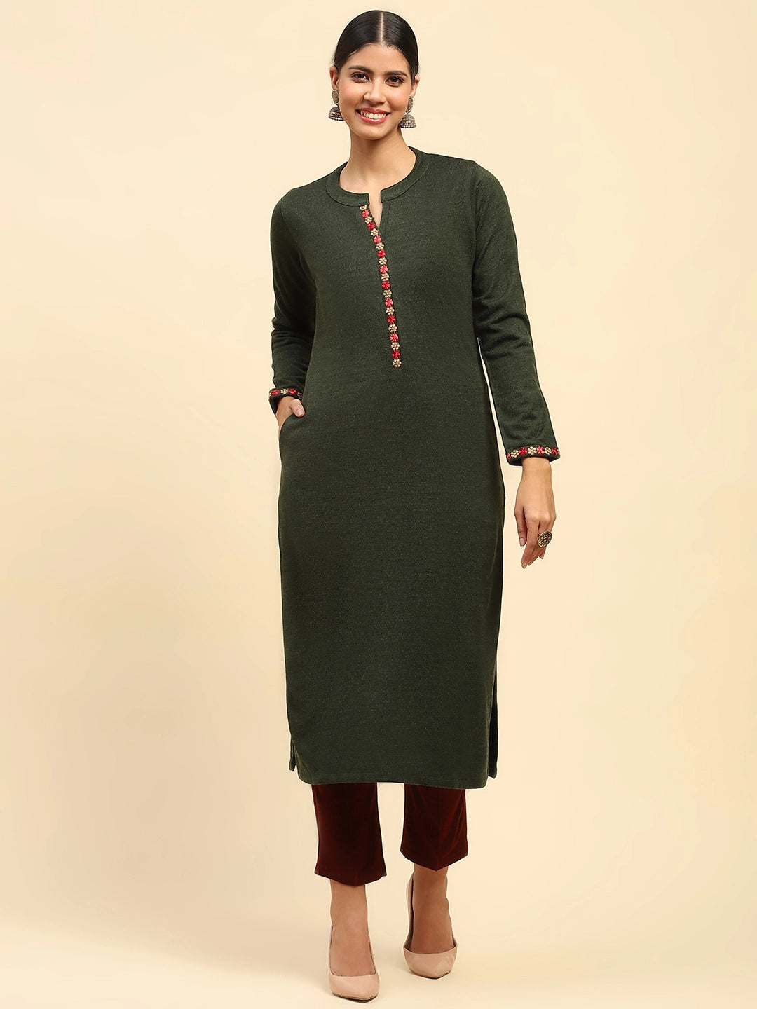 Olive Woolen Embroidered Kurta - Global Republic