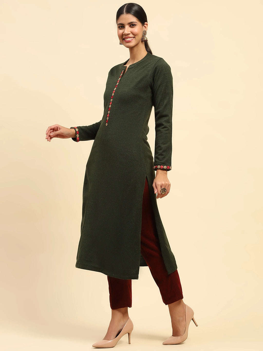 Olive Woolen Embroidered Kurta - Global Republic