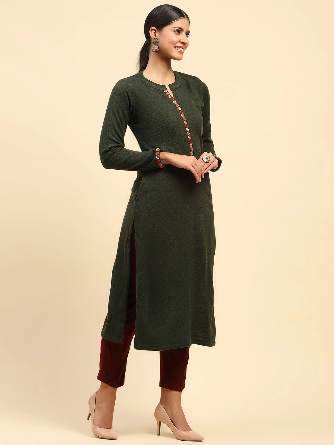 Olive Woolen Embroidered Kurta - Global Republic