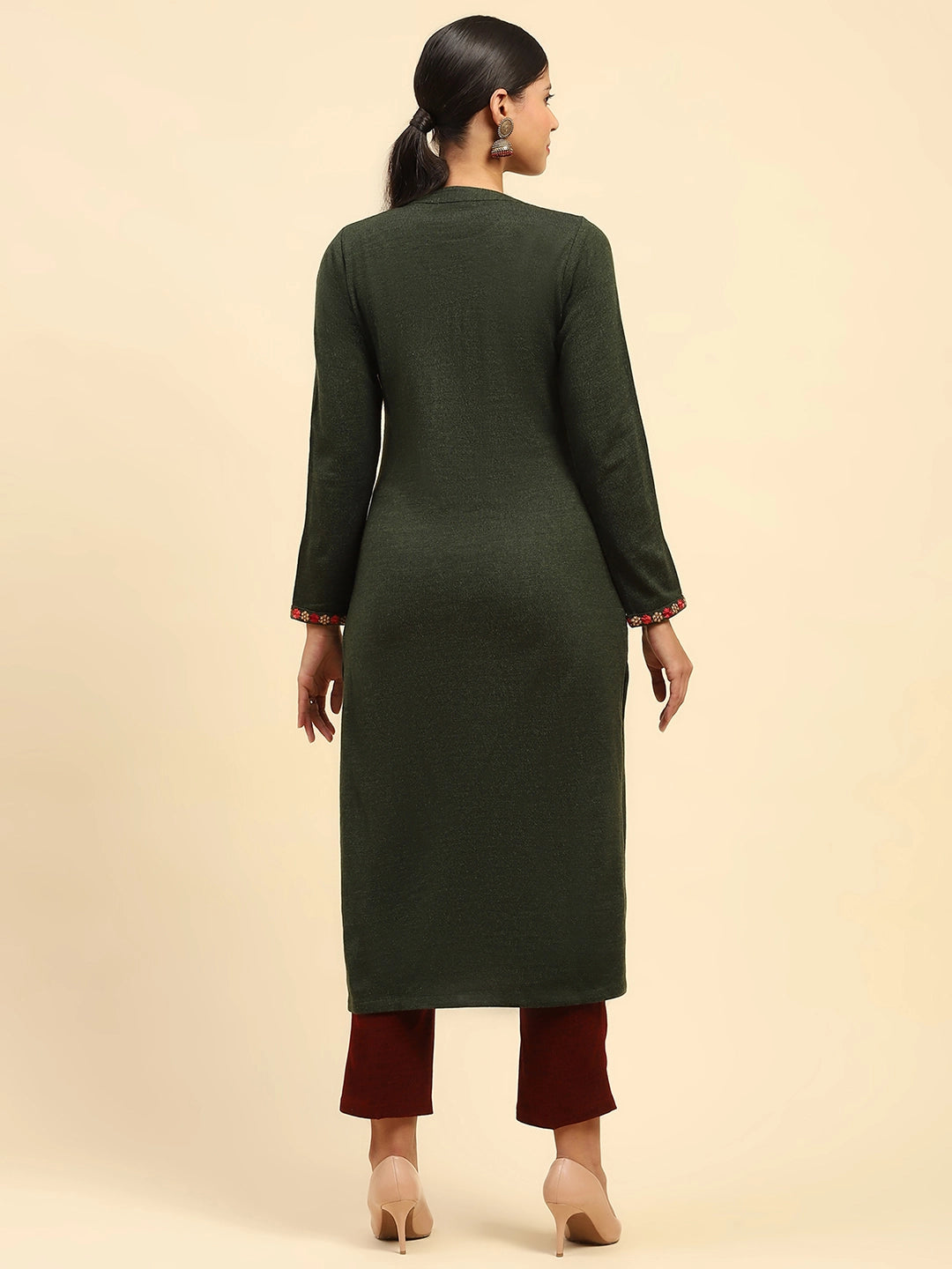 Olive Woolen Embroidered Kurta - Global Republic