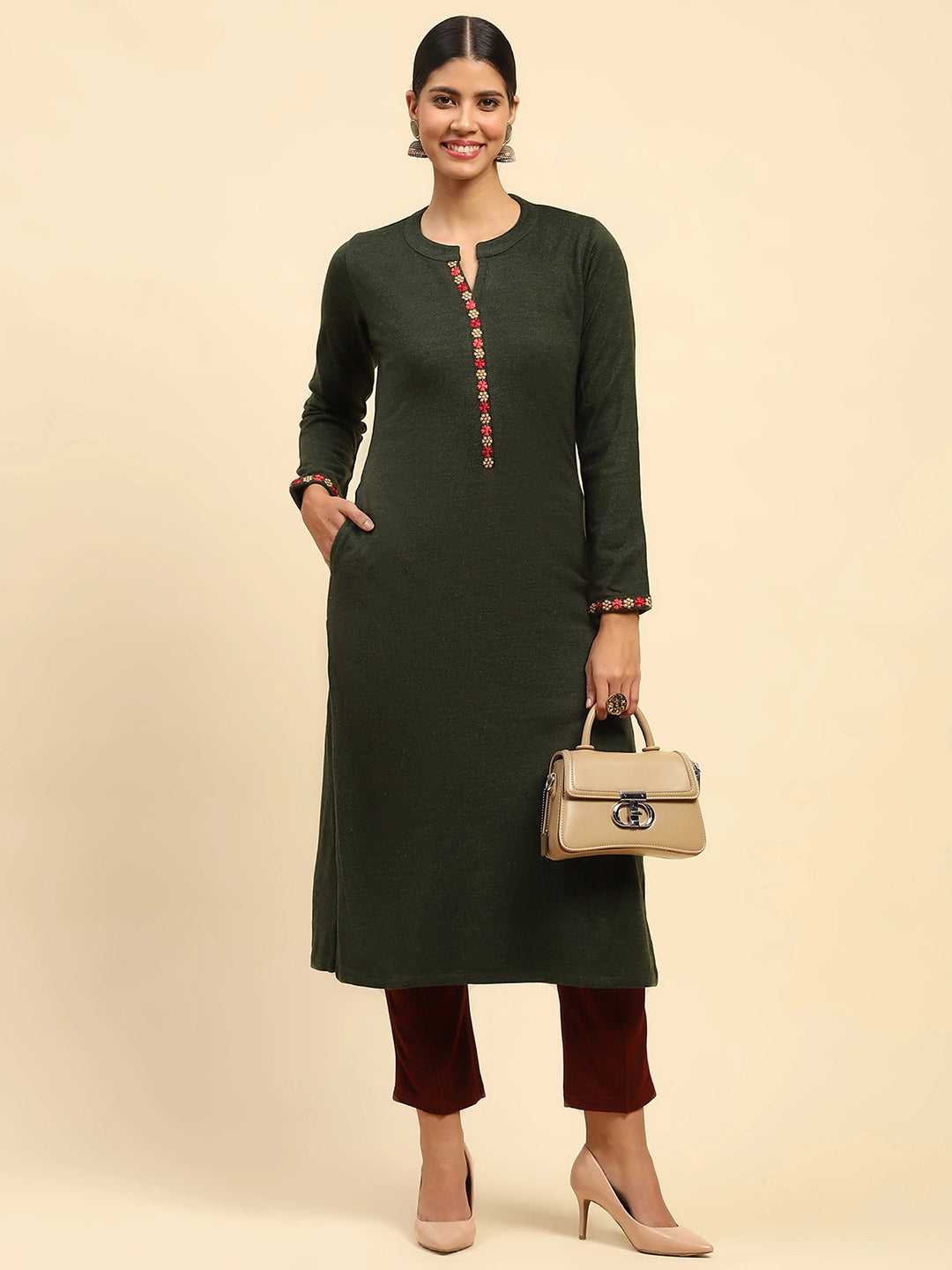 Olive Woolen Embroidered Kurta - Global Republic