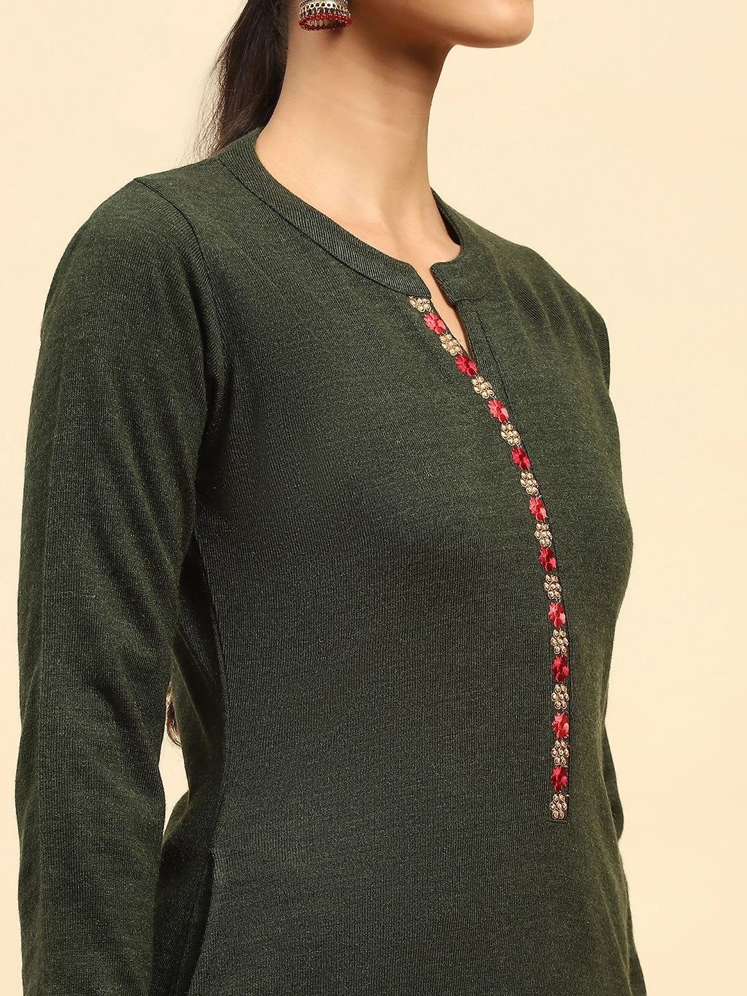 Olive Woolen Embroidered Kurta - Global Republic