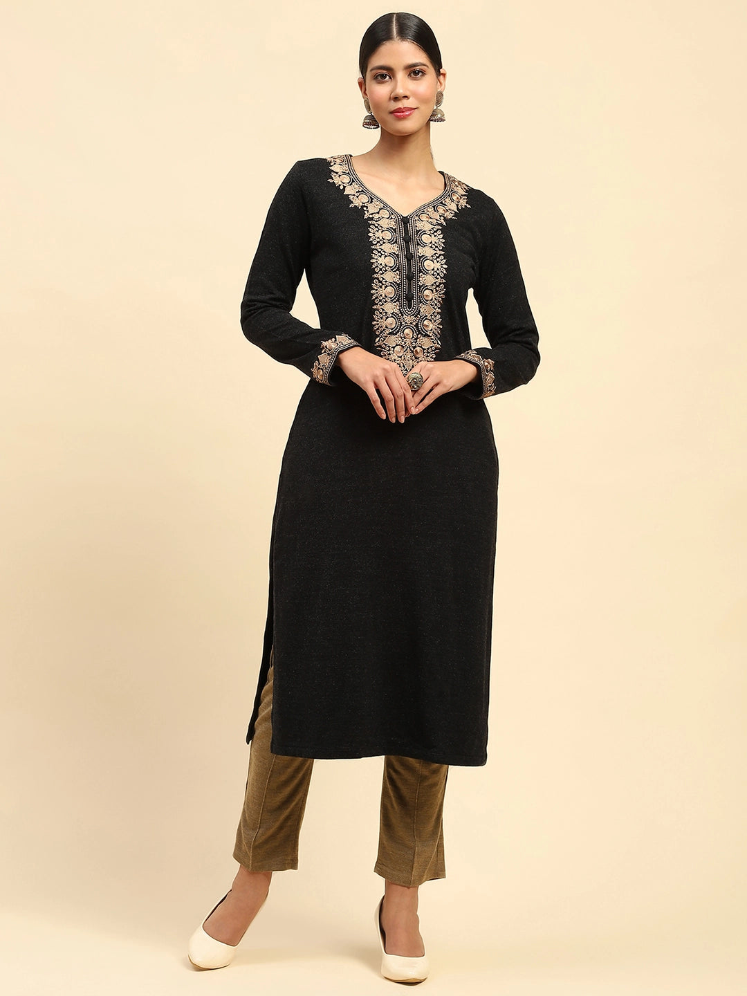 Black Woolen Embroidered Kurta - Global Republic