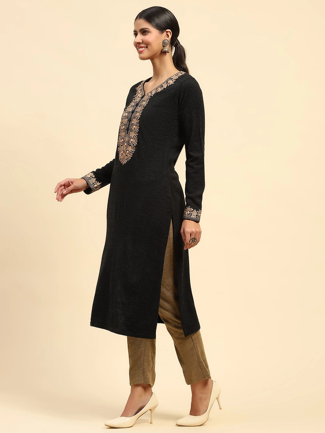 Black Woolen Embroidered Kurta - Global Republic