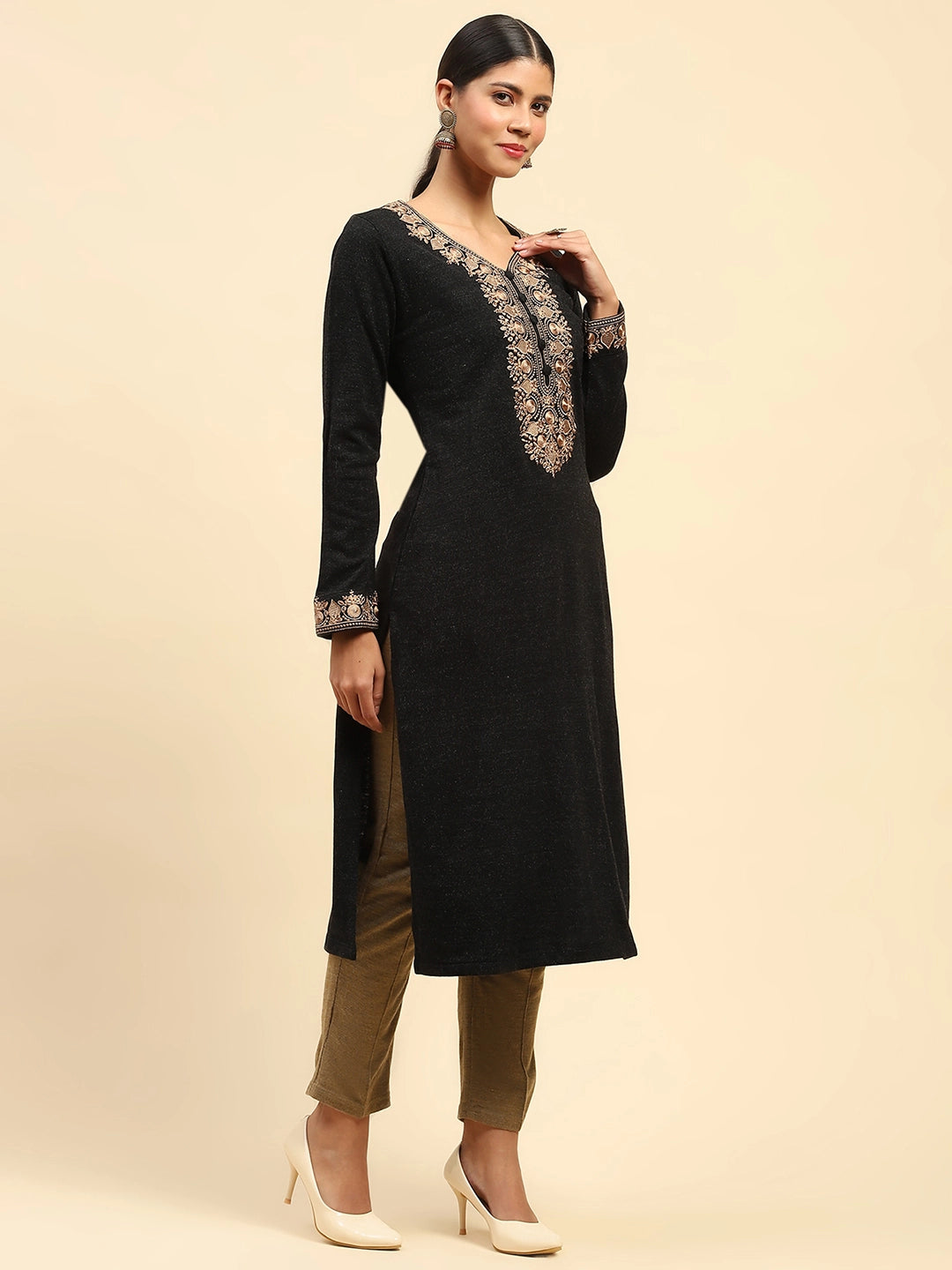 Black Woolen Embroidered Kurta - Global Republic