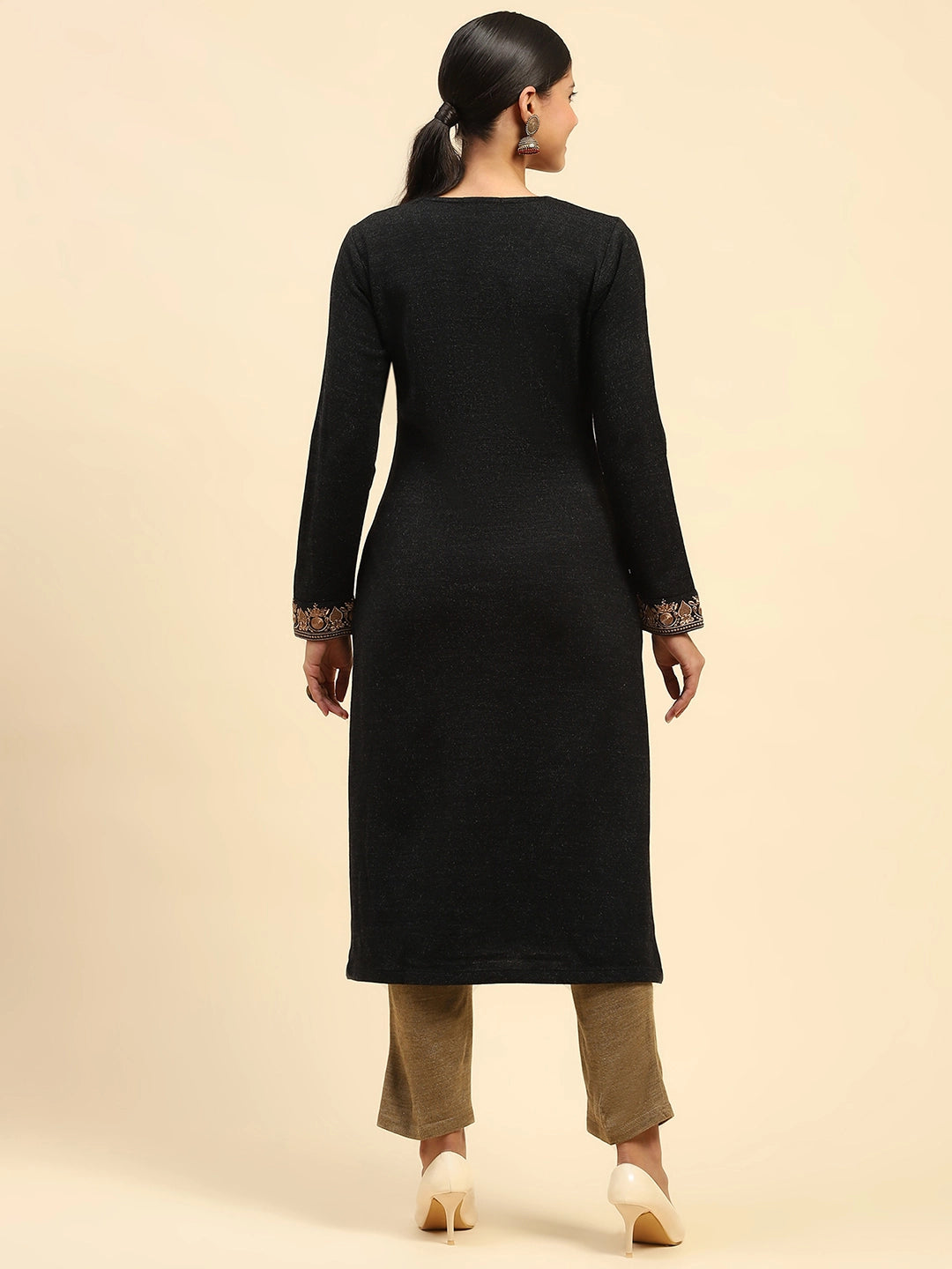 Black Woolen Embroidered Kurta - Global Republic