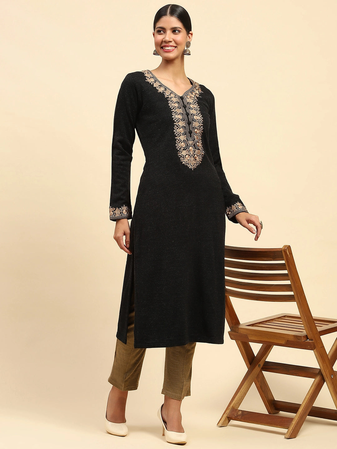 Black Woolen Embroidered Kurta - Global Republic
