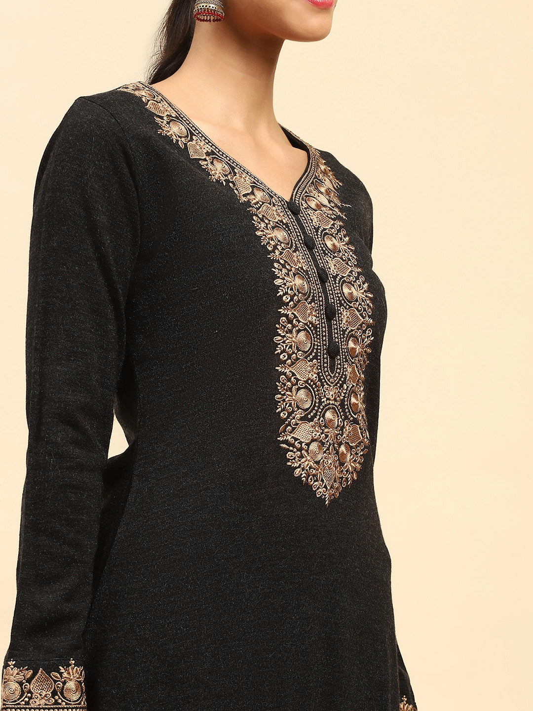 Black Woolen Embroidered Kurta - Global Republic