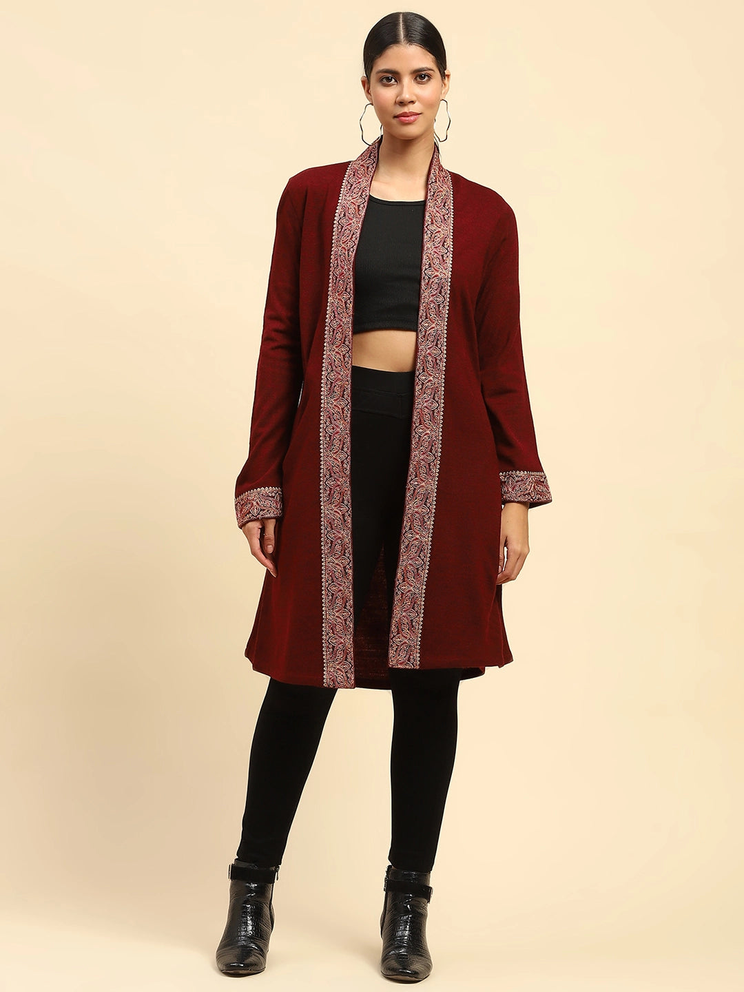 Dark Maroon WoolenThread Embroidered Front Open Ethnic Shrug - Global Republic