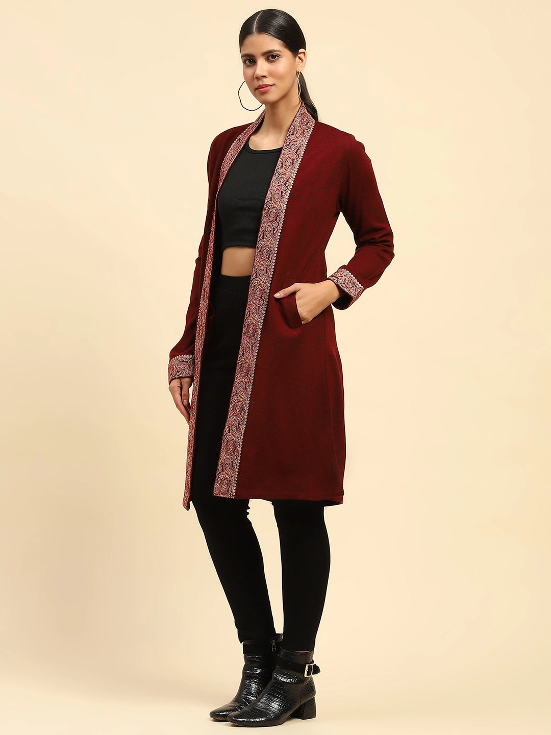 Dark Maroon WoolenThread Embroidered Front Open Ethnic Shrug - Global Republic