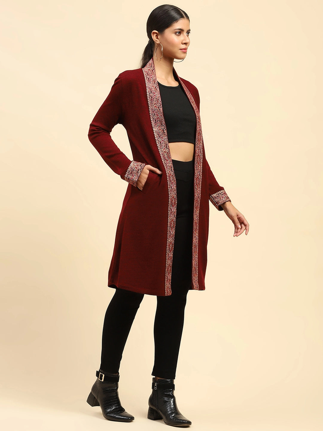 Dark Maroon WoolenThread Embroidered Front Open Ethnic Shrug - Global Republic