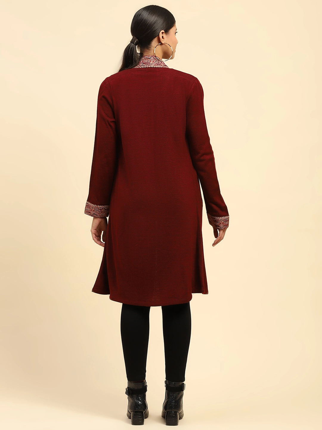Dark Maroon WoolenThread Embroidered Front Open Ethnic Shrug - Global Republic