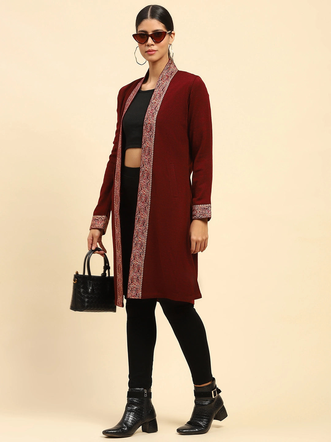 Dark Maroon WoolenThread Embroidered Front Open Ethnic Shrug - Global Republic