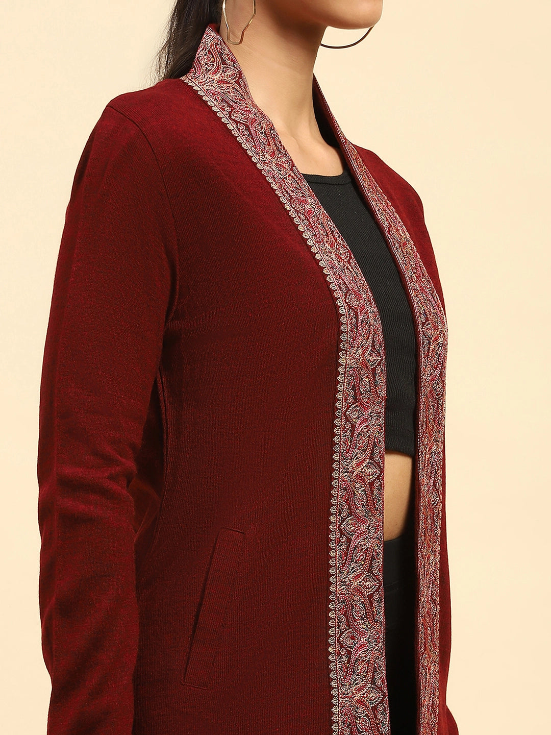Dark Maroon WoolenThread Embroidered Front Open Ethnic Shrug - Global Republic