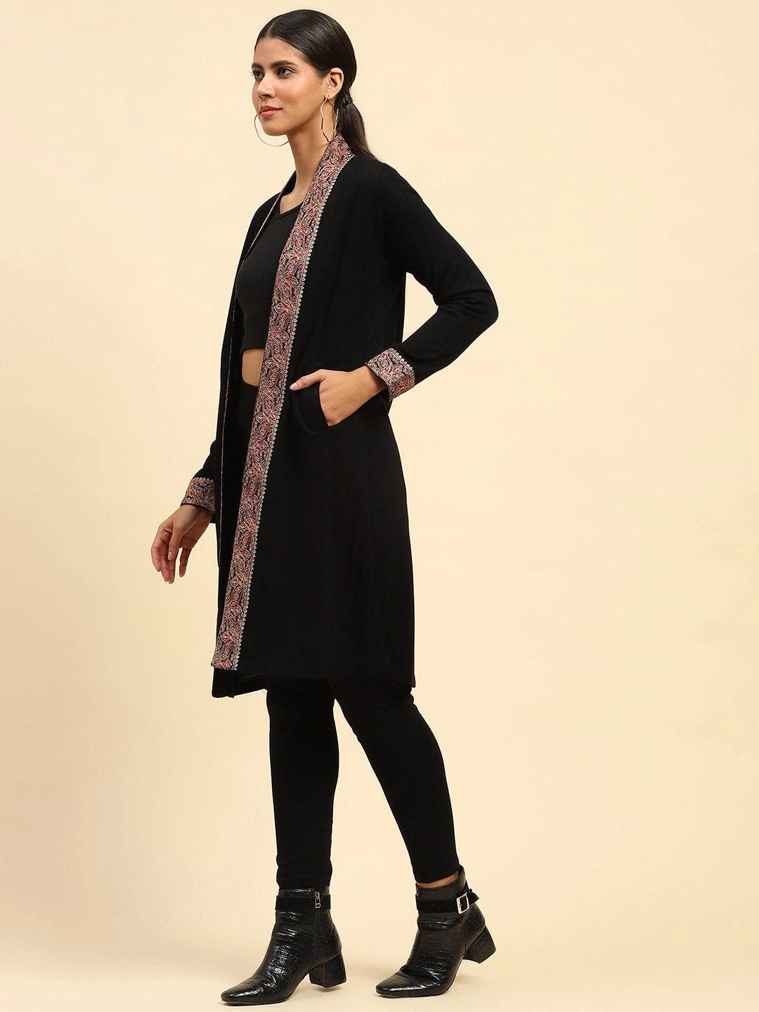 Black Woolen Thread Embroidered Shrug - Global Republic