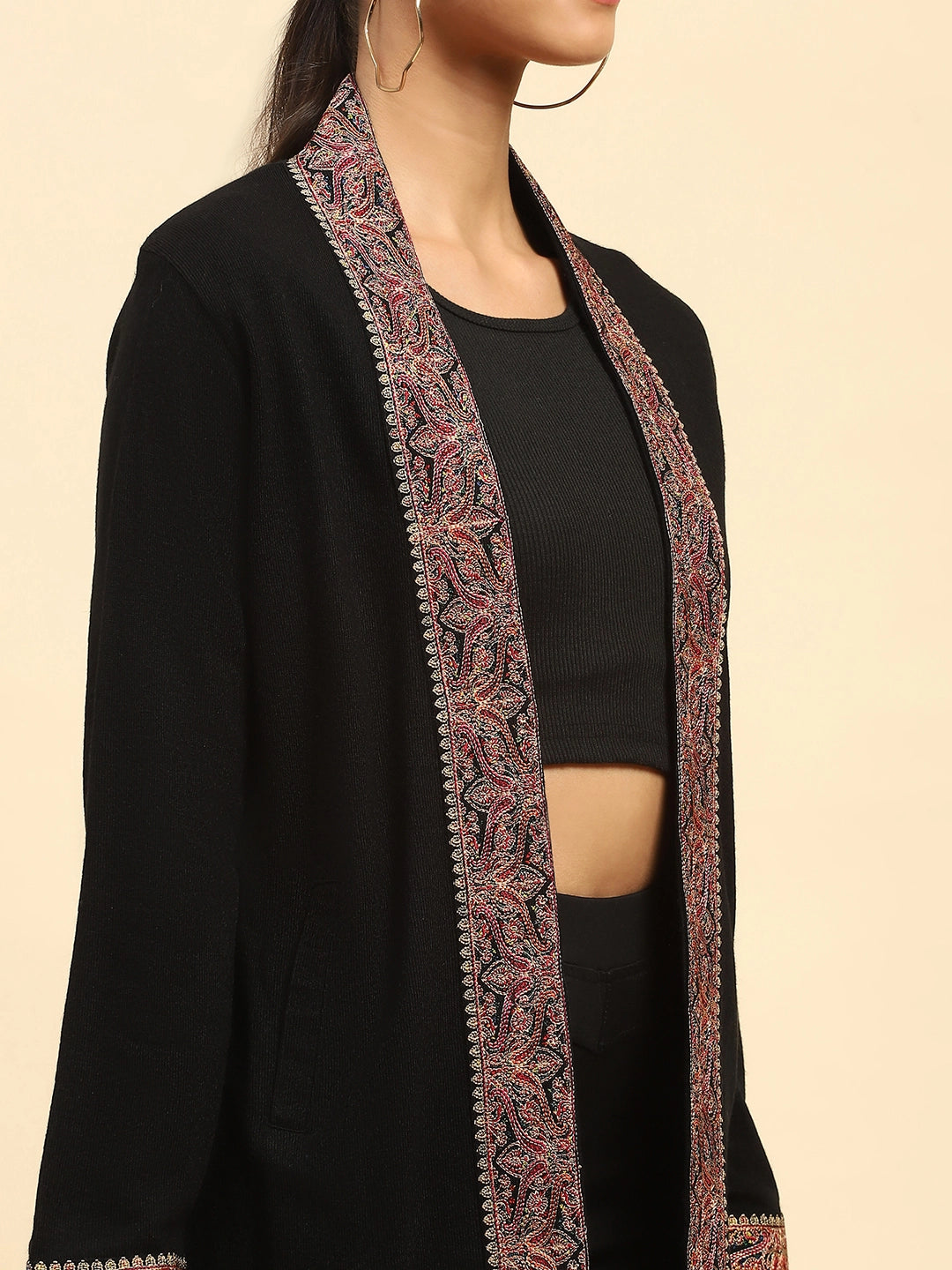 Black Woolen Thread Embroidered Shrug - Global Republic