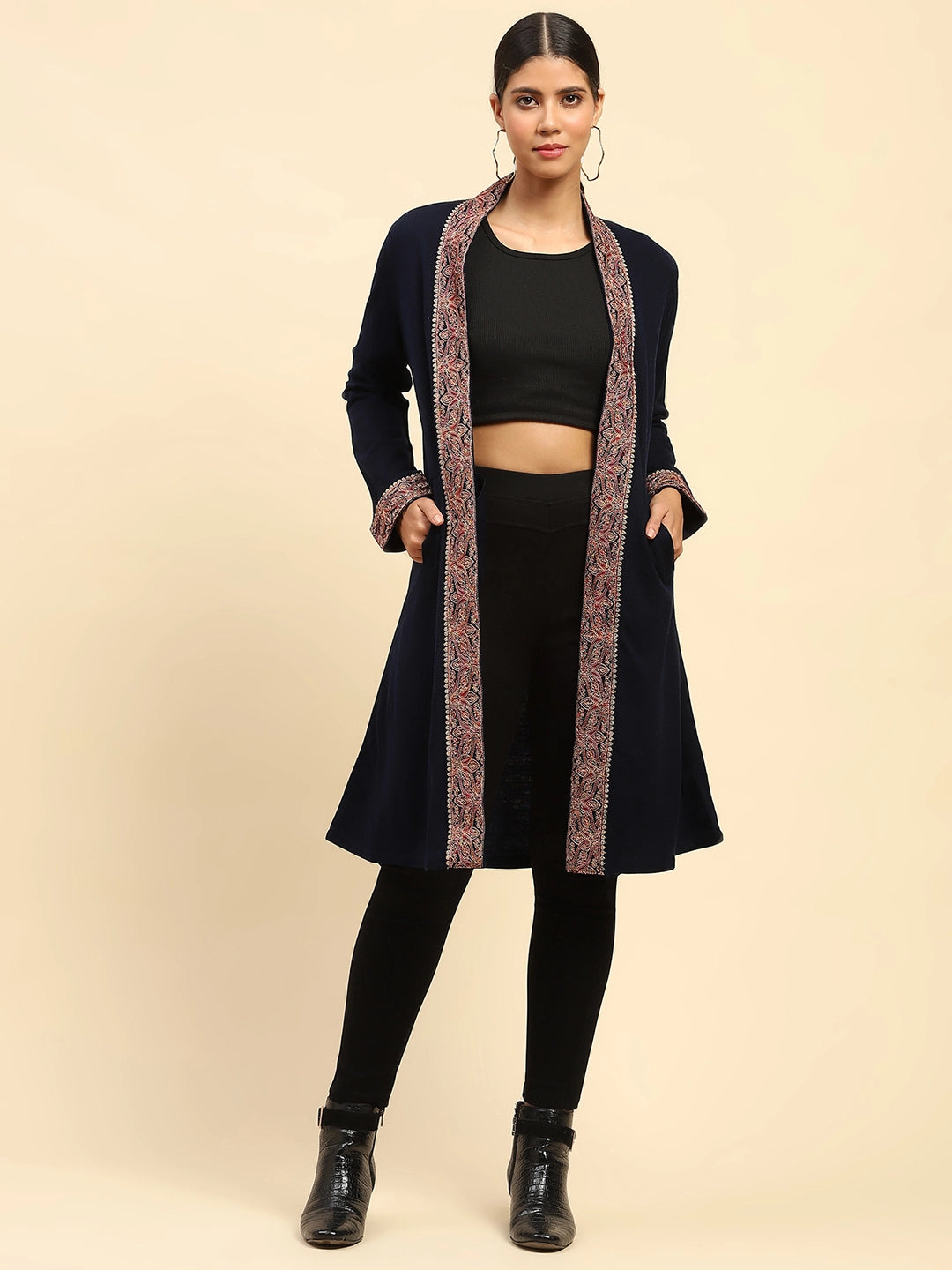 Navy Blue Woolen Thread Embroidered Front Open Ethnic Shrug - Global Republic