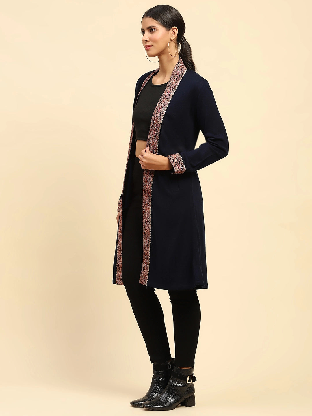 Navy Blue Woolen Thread Embroidered Front Open Ethnic Shrug - Global Republic