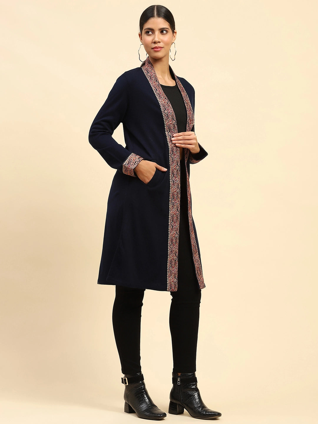 Navy Blue Woolen Thread Embroidered Front Open Ethnic Shrug - Global Republic