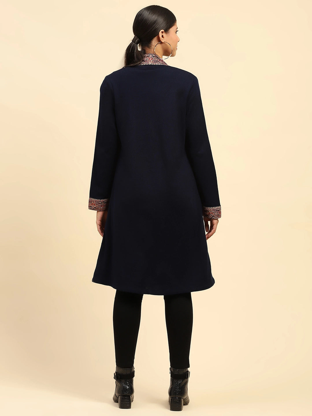 Navy Blue Woolen Thread Embroidered Front Open Ethnic Shrug - Global Republic