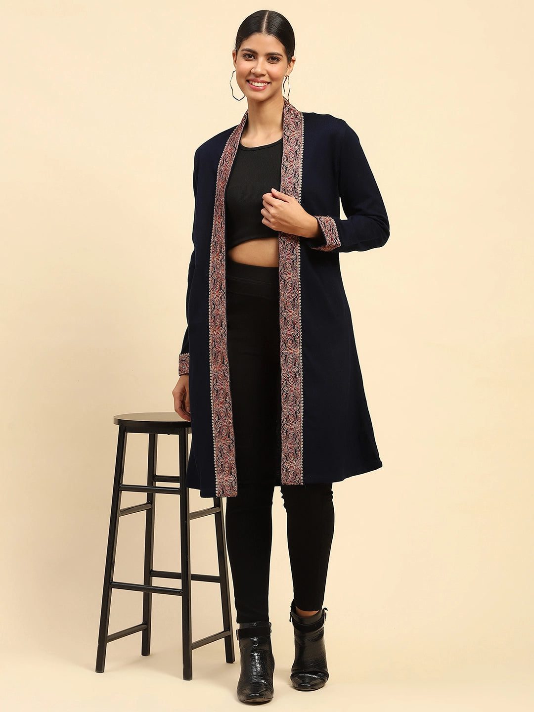 Navy Blue Woolen Thread Embroidered Front Open Ethnic Shrug - Global Republic