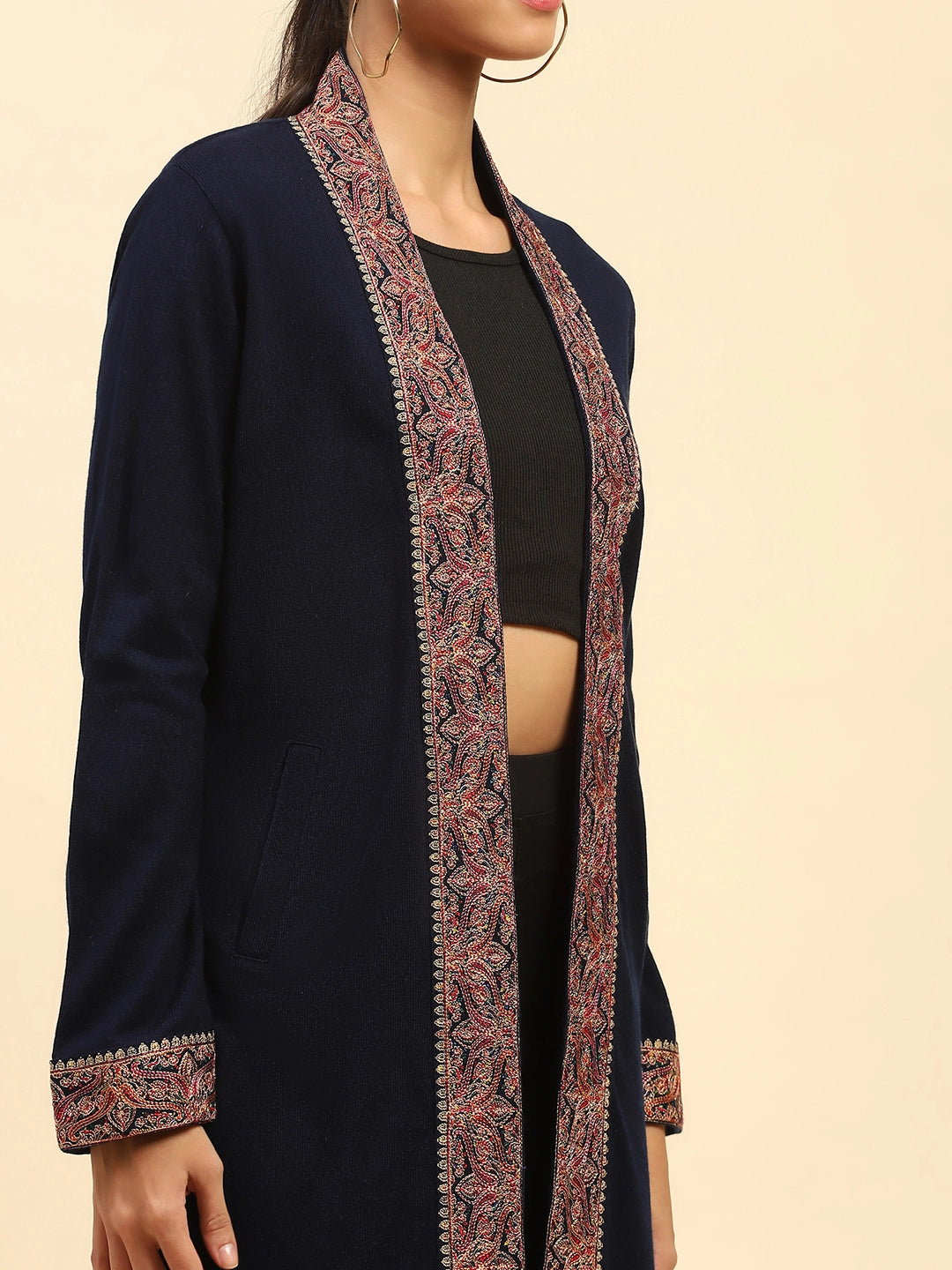 Navy Blue Woolen Thread Embroidered Front Open Ethnic Shrug - Global Republic