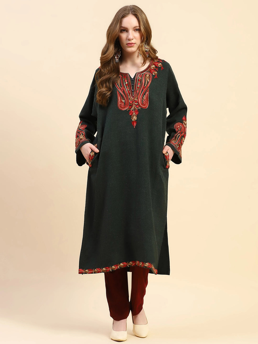 Olive Woolen Thread Embroidered Notch Neck Kurta - Global Republic