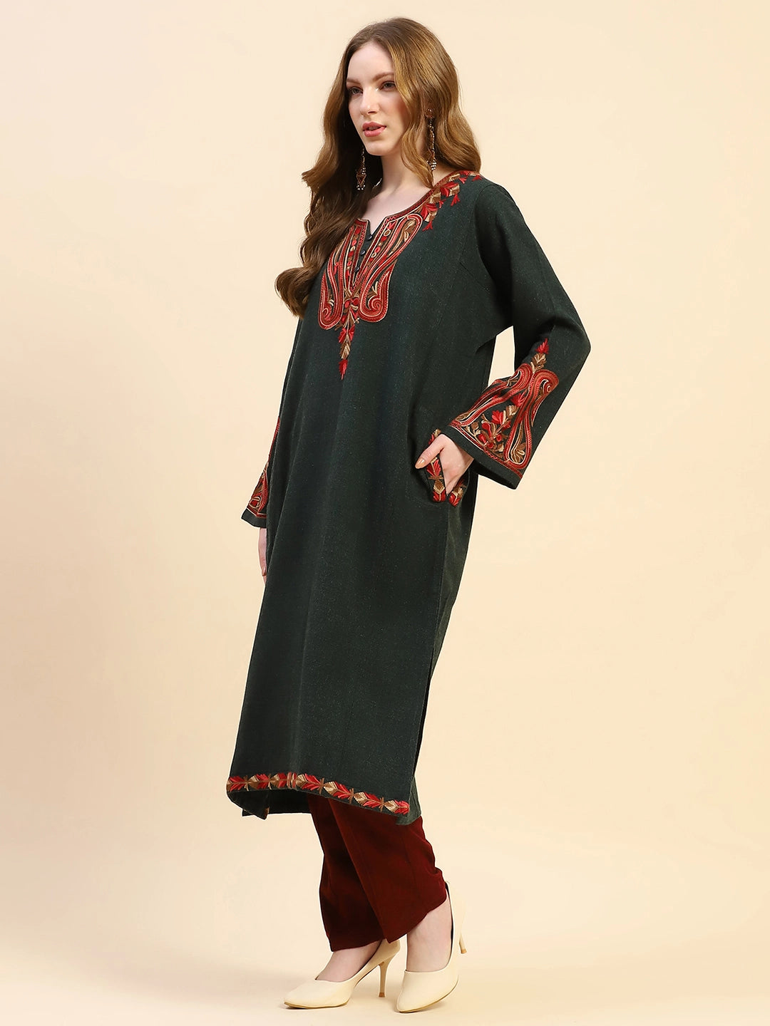 Olive Woolen Thread Embroidered Notch Neck Kurta - Global Republic