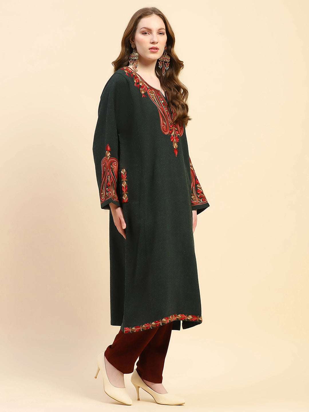 Olive Woolen Thread Embroidered Notch Neck Kurta - Global Republic
