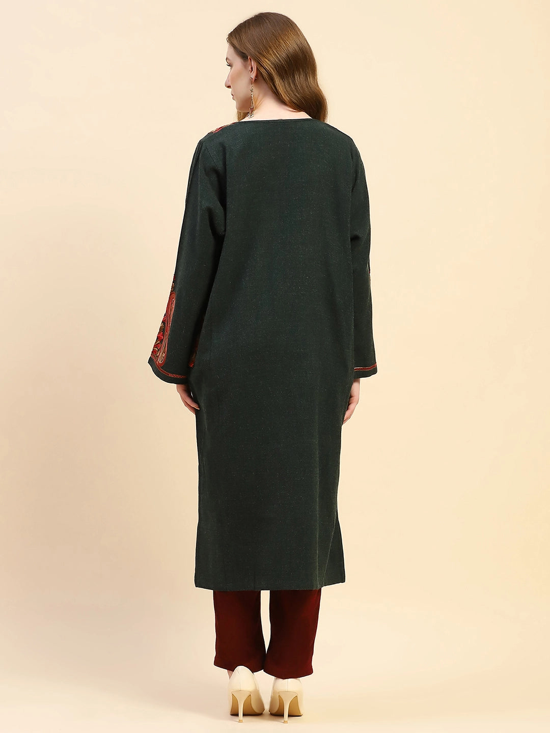Olive Woolen Thread Embroidered Notch Neck Kurta - Global Republic
