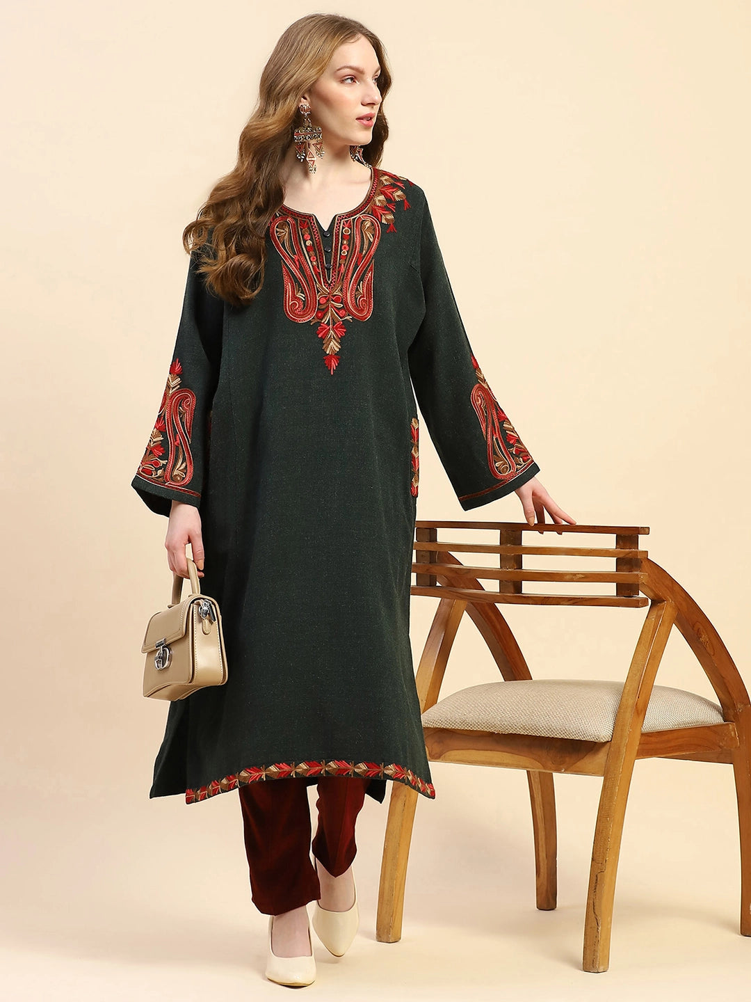 Olive Woolen Thread Embroidered Notch Neck Kurta - Global Republic