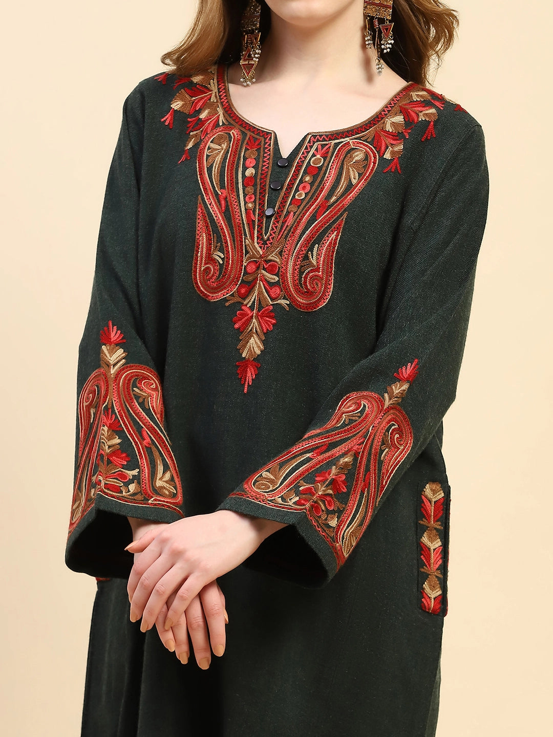 Olive Woolen Thread Embroidered Notch Neck Kurta - Global Republic