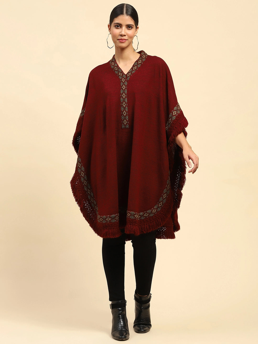 Maroon Woolen Embroidered Cape - Global Republic