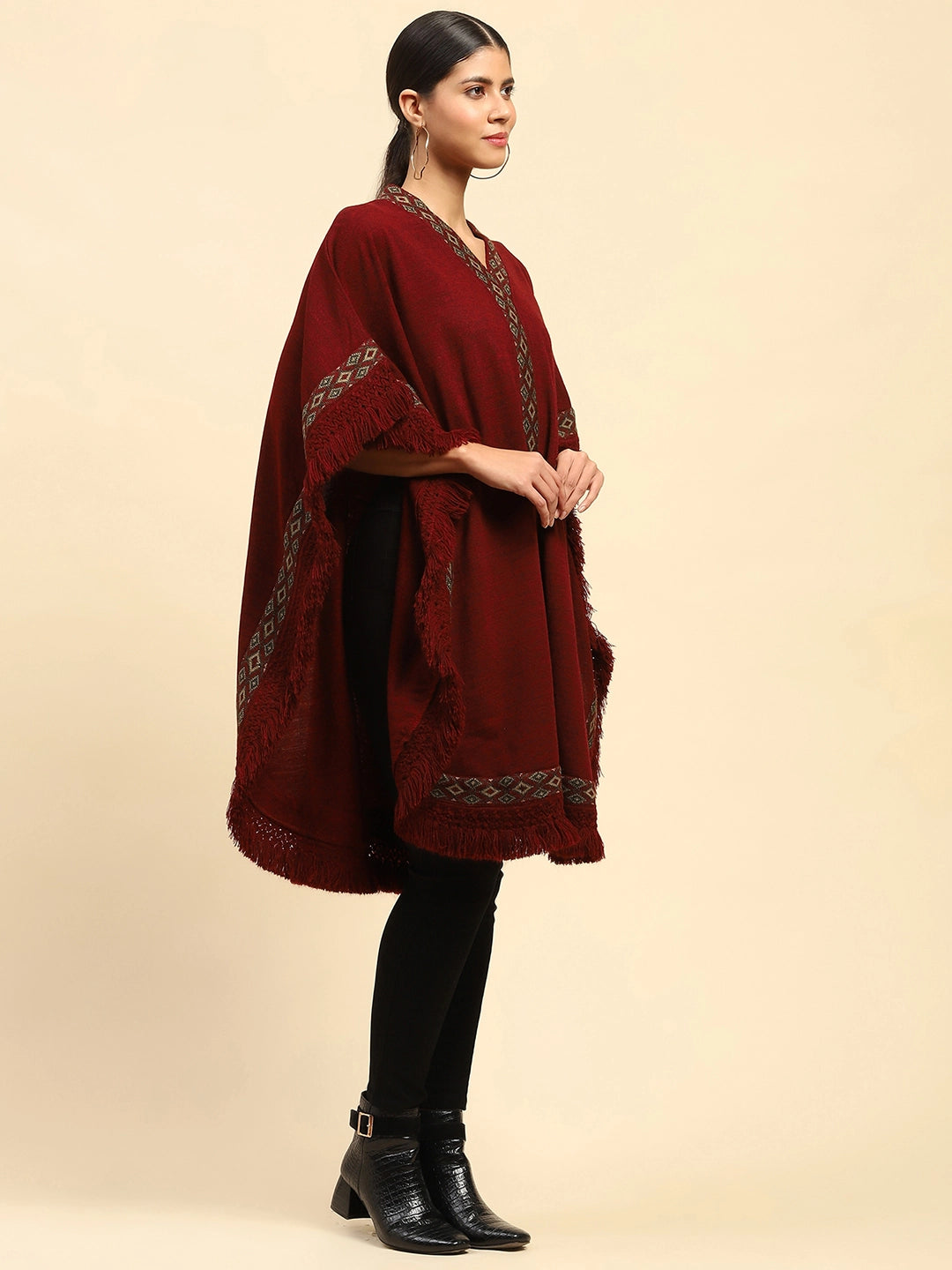 Maroon Woolen Embroidered Cape - Global Republic