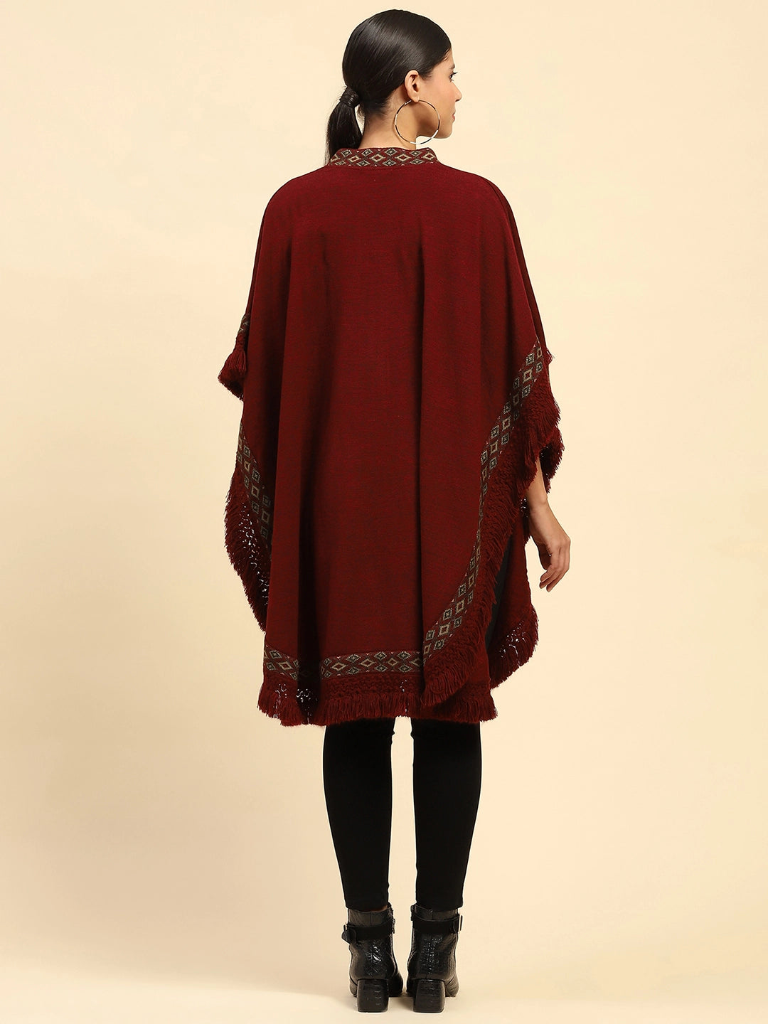 Maroon Woolen Embroidered Cape - Global Republic