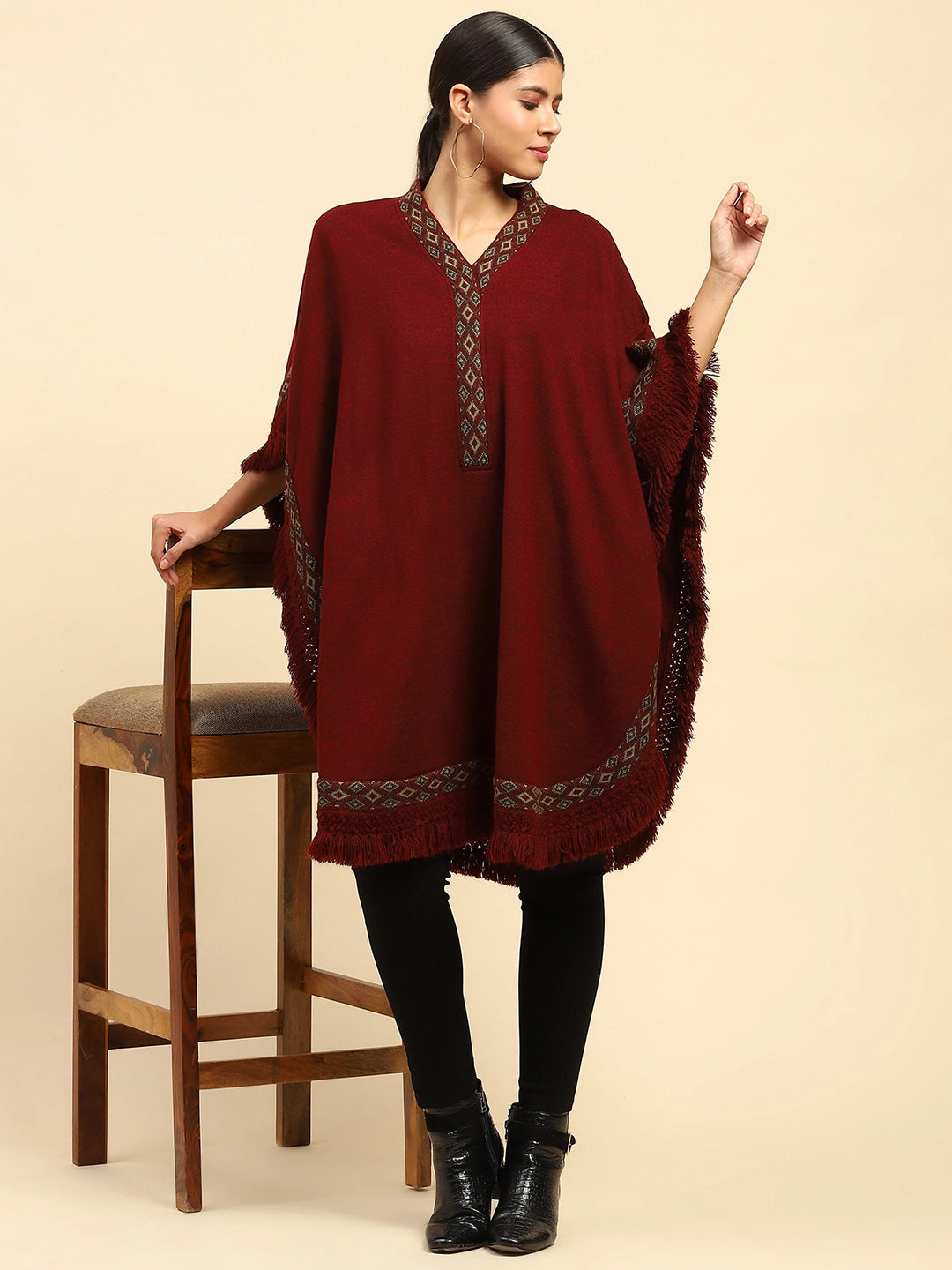 Maroon Woolen Embroidered Cape - Global Republic