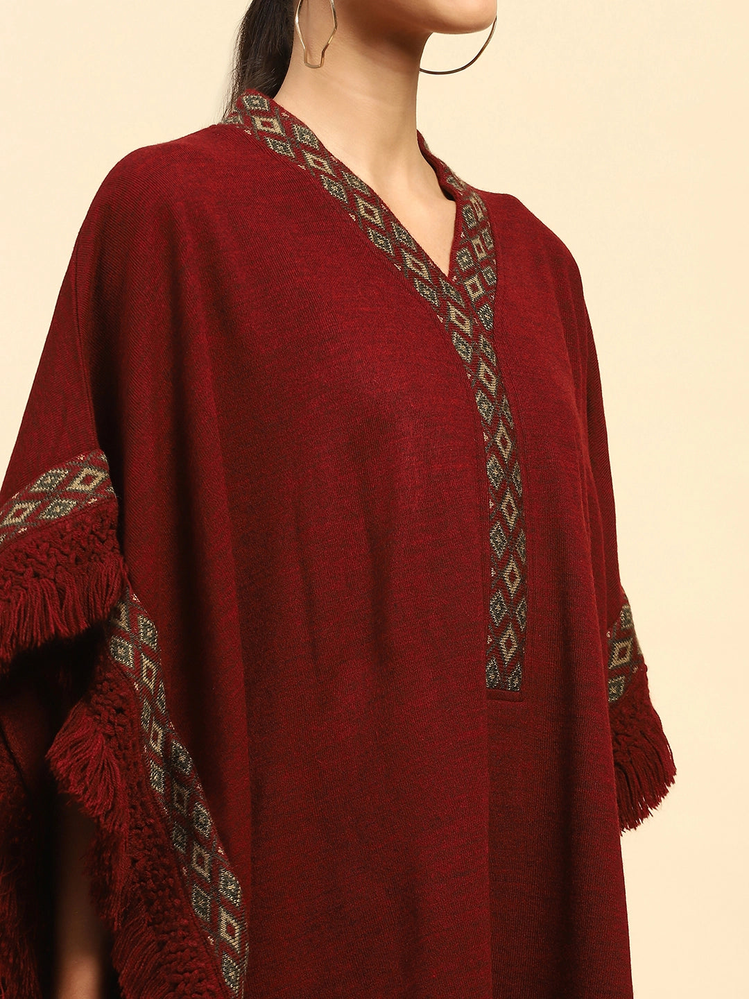 Maroon Woolen Embroidered Cape - Global Republic