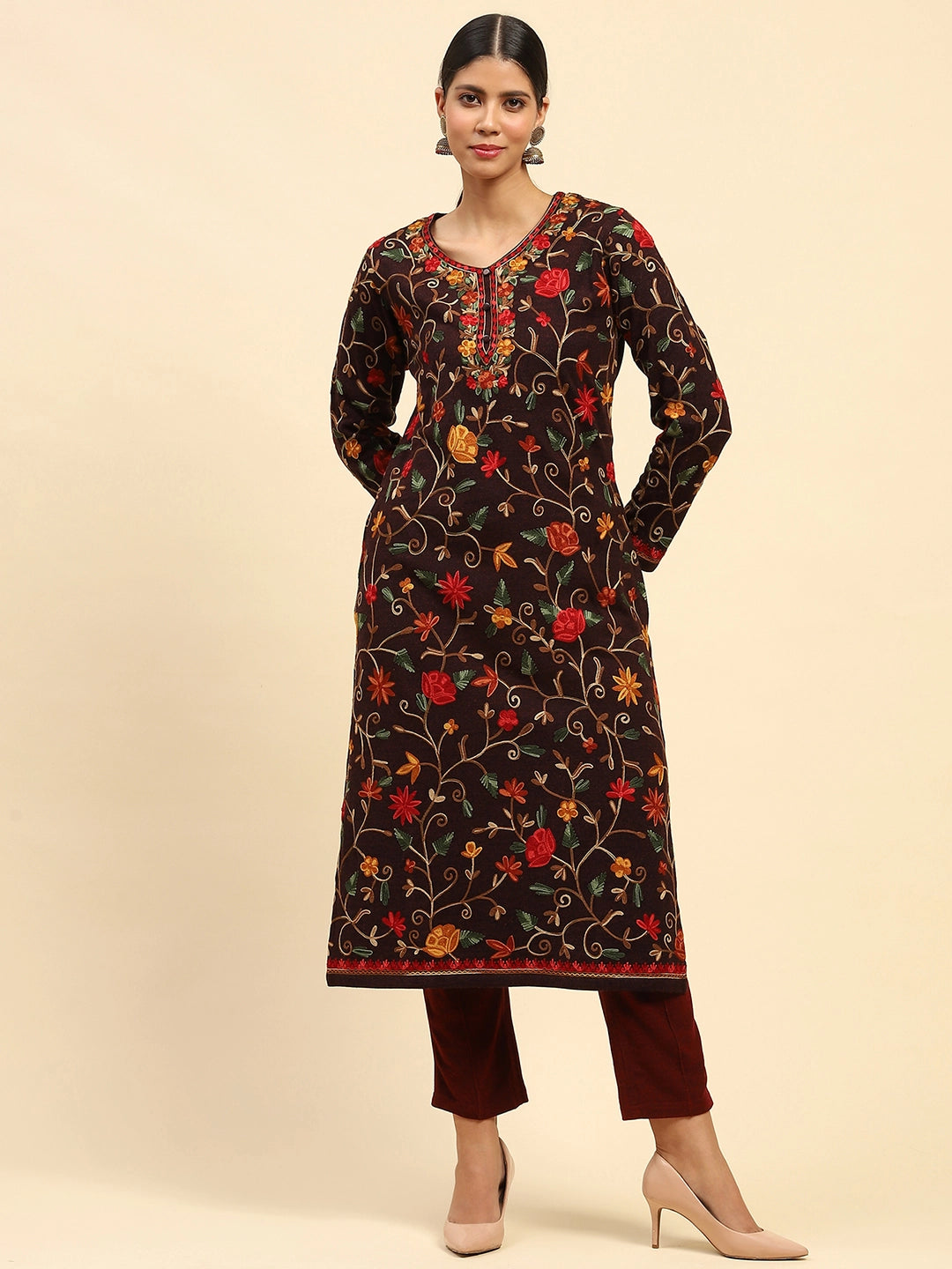 Wine Woolen Thread Embroidered Round Neck Kurta - Global Republic