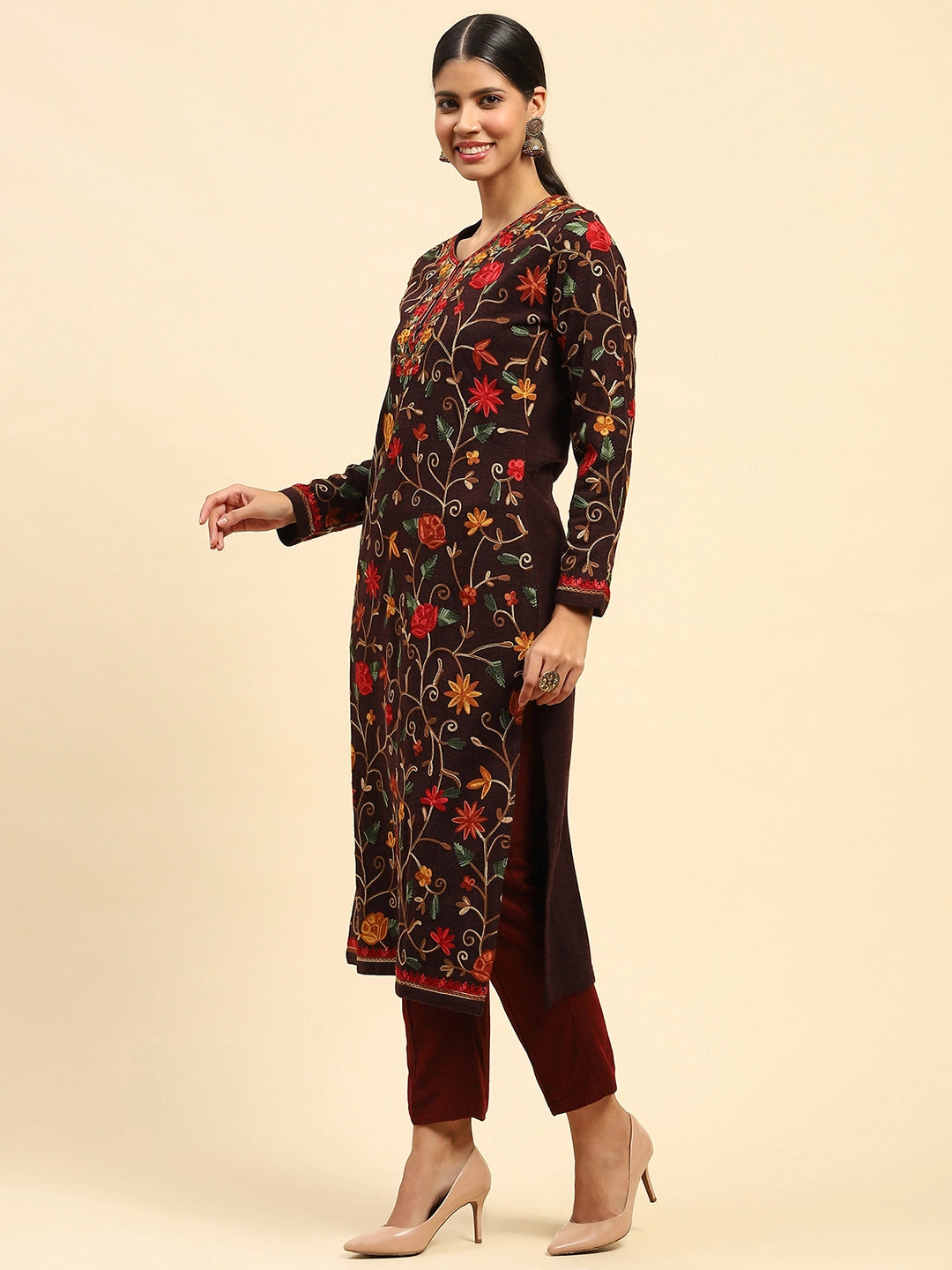 Wine Woolen Thread Embroidered Round Neck Kurta - Global Republic